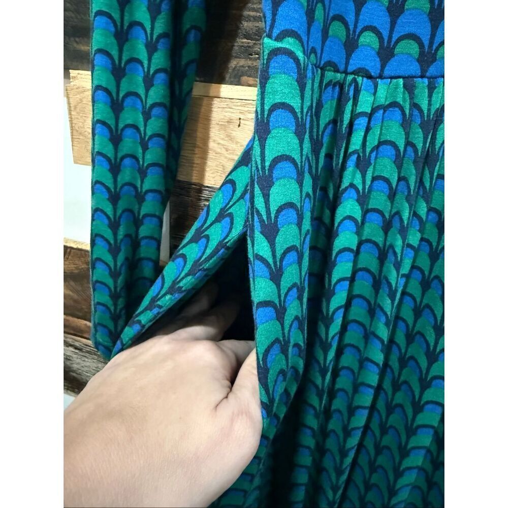 Boden Thea Long Sleeve Midi Dress green blue navy geometric print size 8R - Picture 8 of 9
